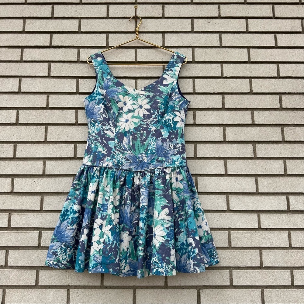 Vintage Laura Ashley Blue Floral Drop Waist Dress 80s 90s White Teal Sleeveless - Picture 2 of 10